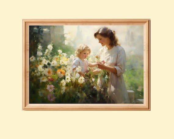 Mother And Child In The Garden, Vintage Cottagecore Art Print