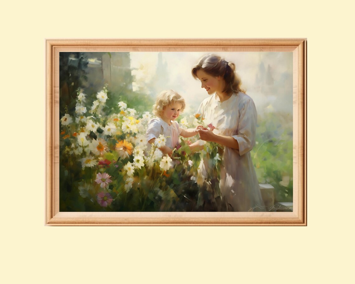 Mother And Child In The Garden, Vintage Cottagecore Art Print
