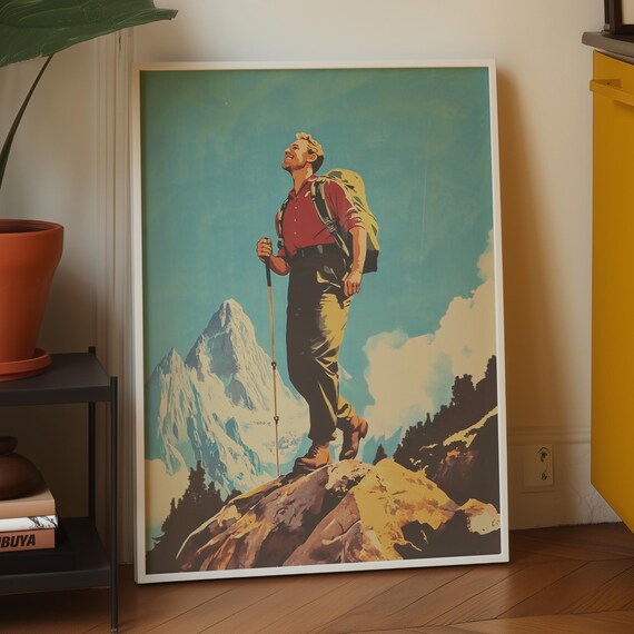 Man On Mountain Hiking Travel Poster