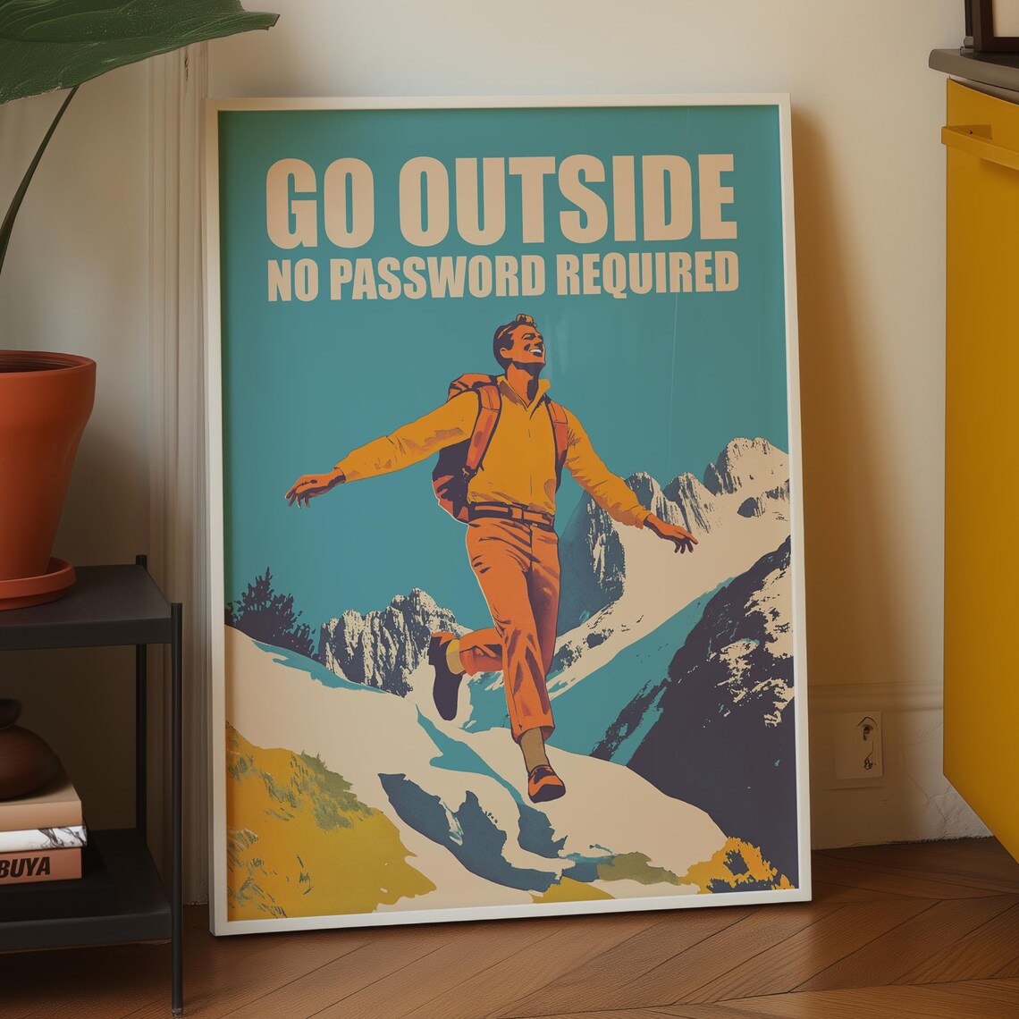 Go Outside Mountain Hiking Retro Style Art Print