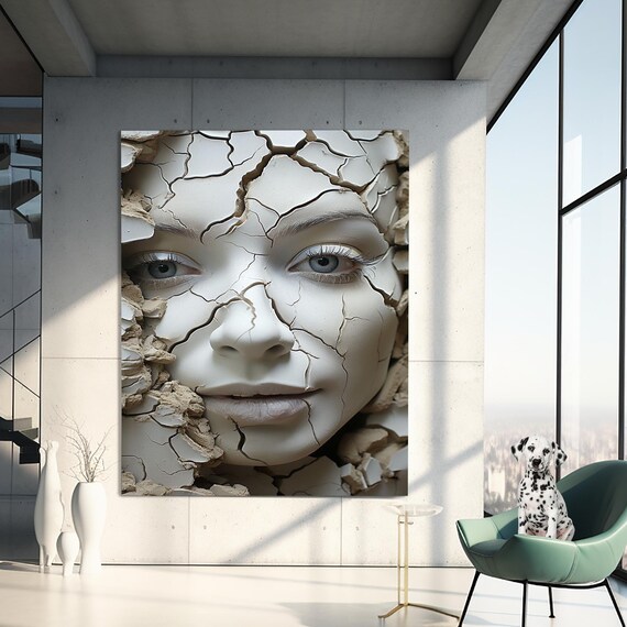 Cracked Porcelain Woman Face 3D Surreal Sculpture Art Poster
