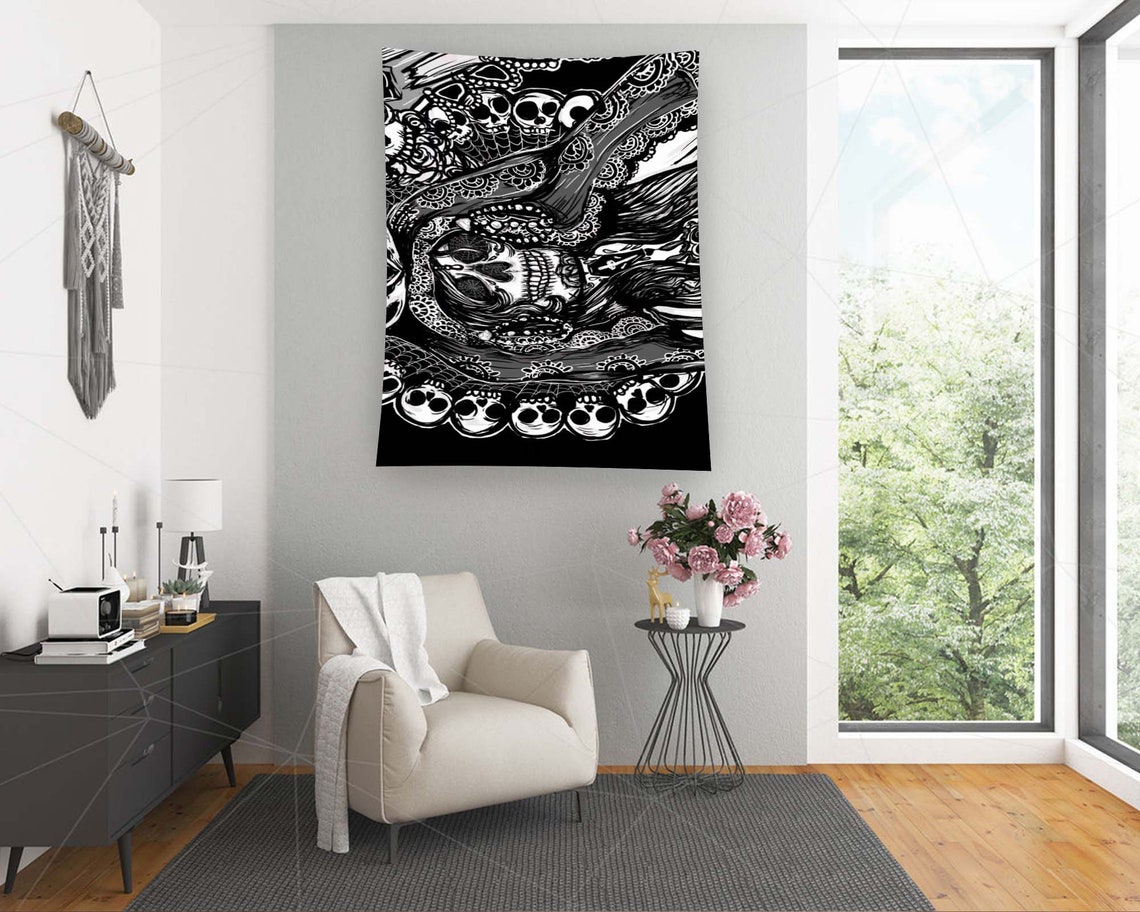 Black White Gothic Snake Skull Spiderweb Horror Tapestry Wall Art - Image 3