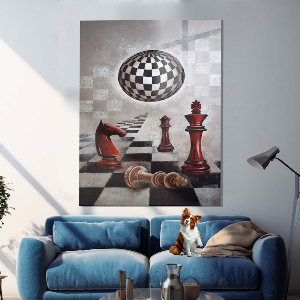 Surreal Chess Pieces Floating Checkered Ball 3D Board Wall Art