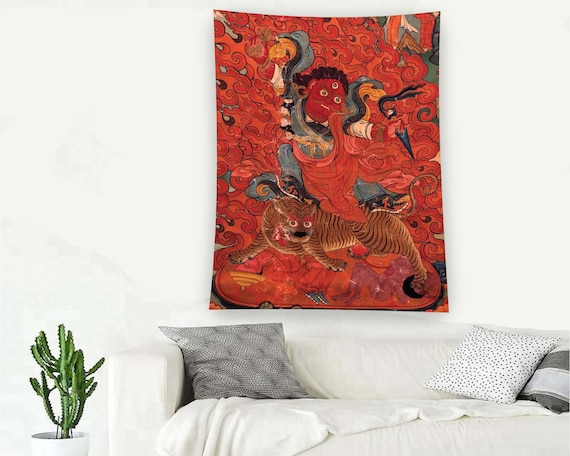 Red Tibetan Thangka Wrathful Deity Riding Tiger Tapestry Wall Art