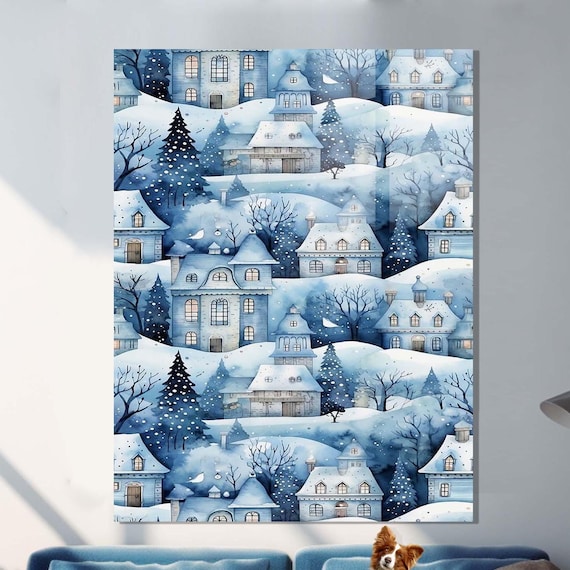 Snowy Village Watercolor Winter Town Blue Christmas Art Print