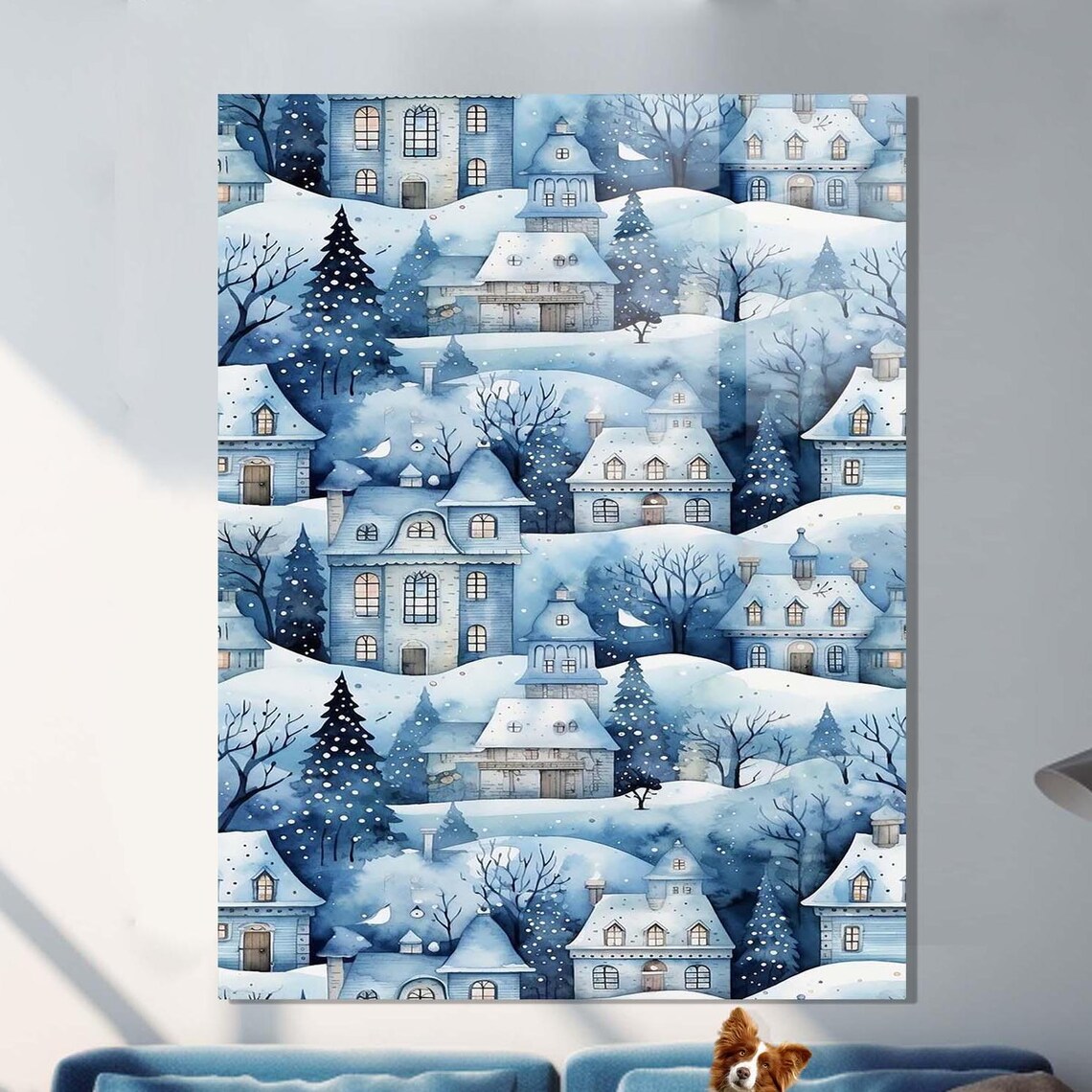 Snowy Village Watercolor Winter Town Blue Christmas Art Print