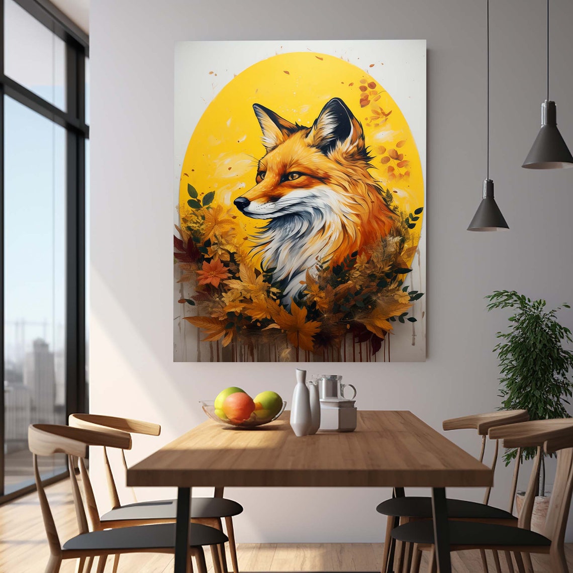 Red Fox Autumn Leaves Golden Sun Circle Woodland Portrait Wall Art - Image 3