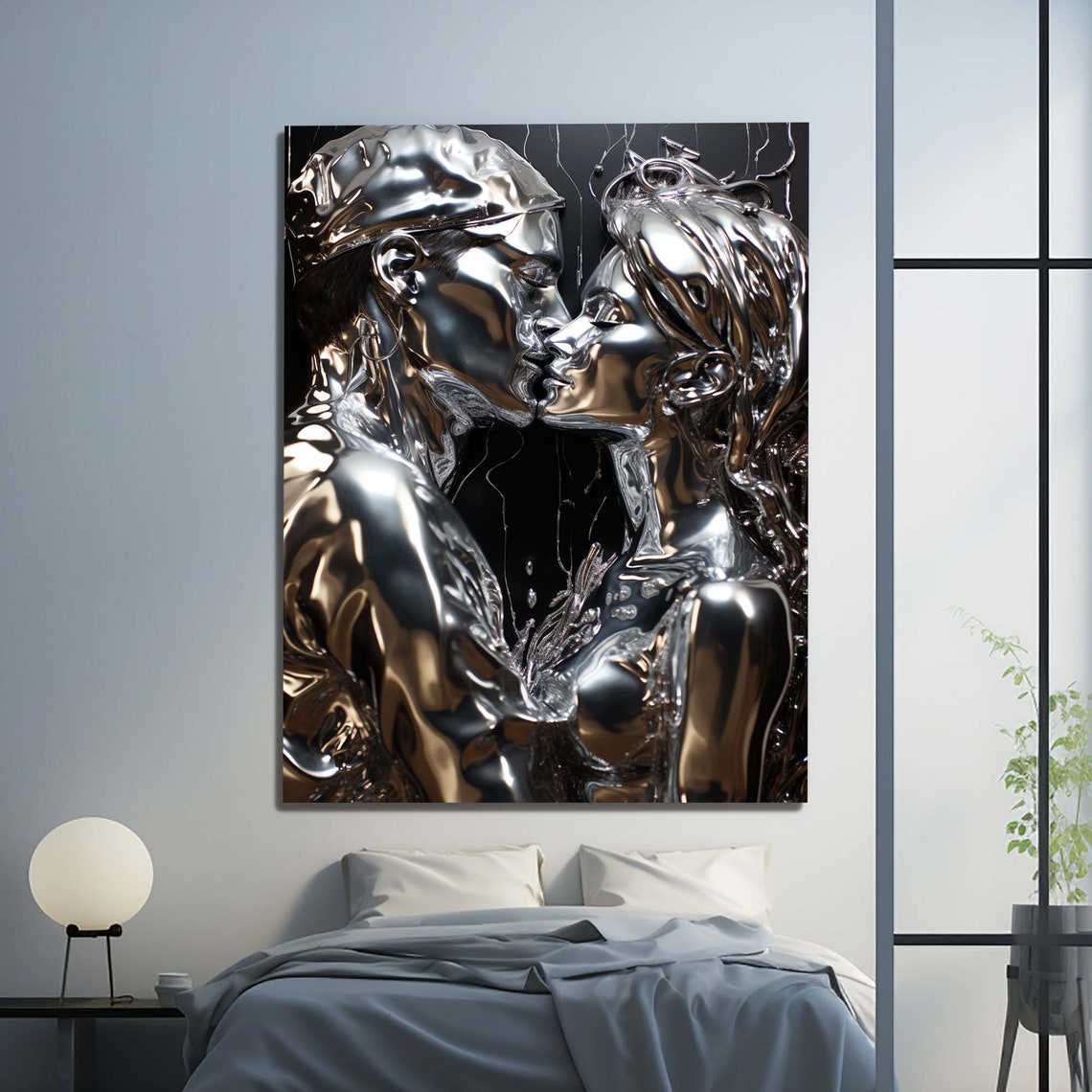 Silver Chrome Couple Kiss Liquid Metal Romantic Love Wall Art - Image 2