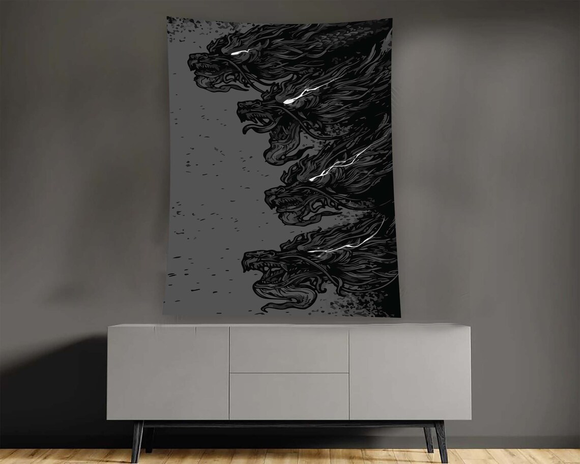 Roaring Dragon Heads Black Ink Dark Fantasy Gothic Tapestry Poster - Image 2