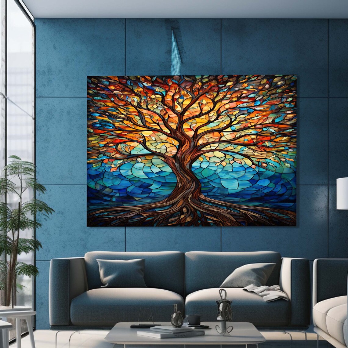 Stained Glass Tree of Life Autumn Orange Blue Wall Art Poster