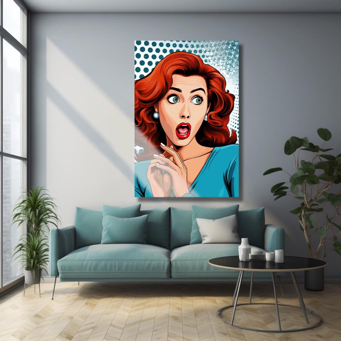 Pop Art Amazed Redhead Woman Teal Dots Comic Retro Portrait Poster - Image 3