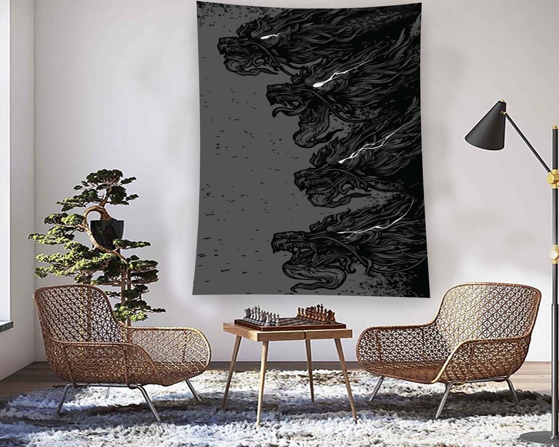 Roaring Dragon Heads Black Ink Dark Fantasy Gothic Tapestry Poster