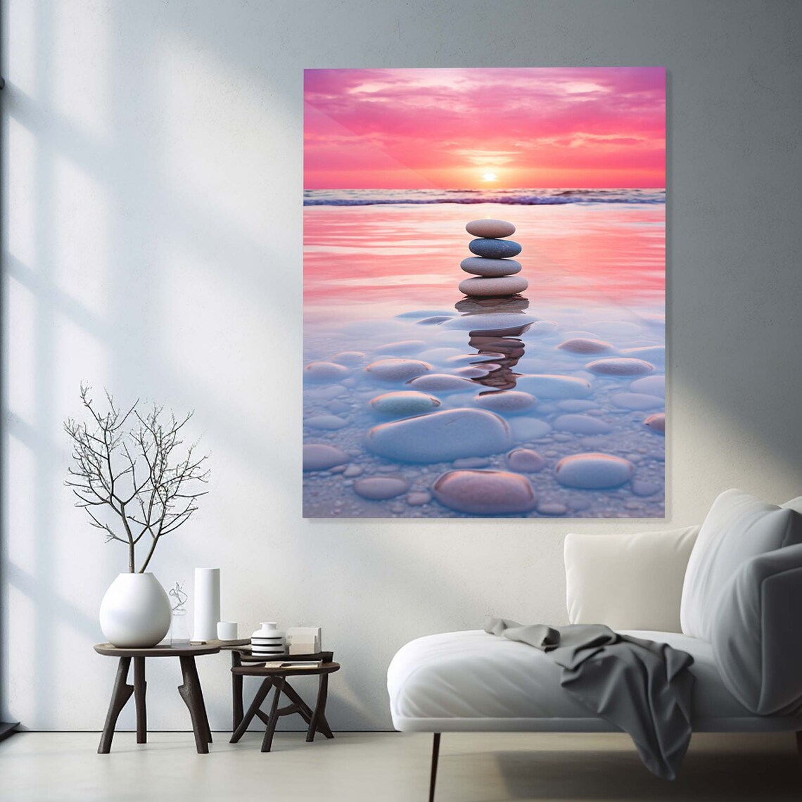 Zen Balanced Stones Beach Sunset Pink Sky Ocean Calm Travel Poster