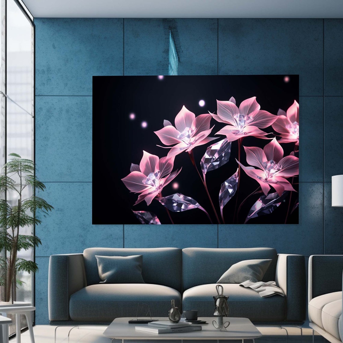 Pink Crystal Glass Flowers Glowing Black Background Wall Art