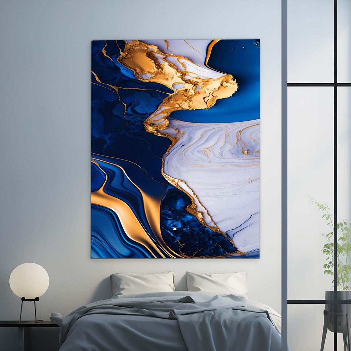 Navy Blue White Gold Marble Abstract Fluid Luxury Wall Poster - Image 2