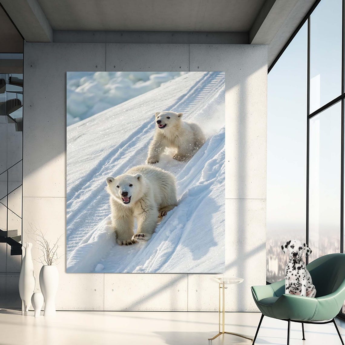 Polar Bear Cubs Sliding Snow Arctic Wildlife Nursery Wall Art - Image 2