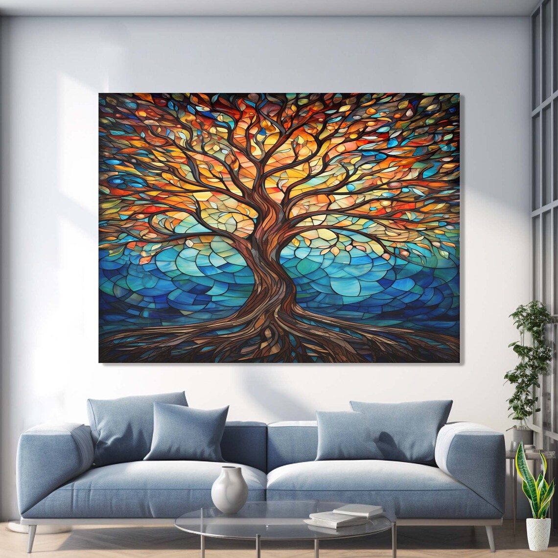 Stained Glass Tree of Life Autumn Orange Blue Wall Art Poster - Image 3