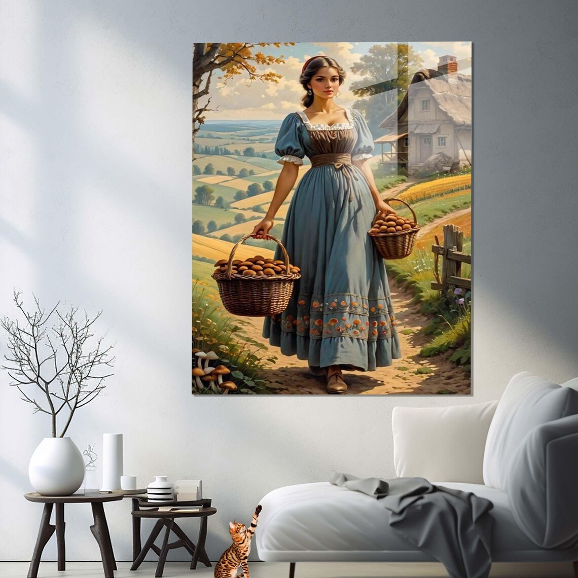Woman In Blue Peasant Dress With Mushroom Baskets Countryside Wall Art - Image 2