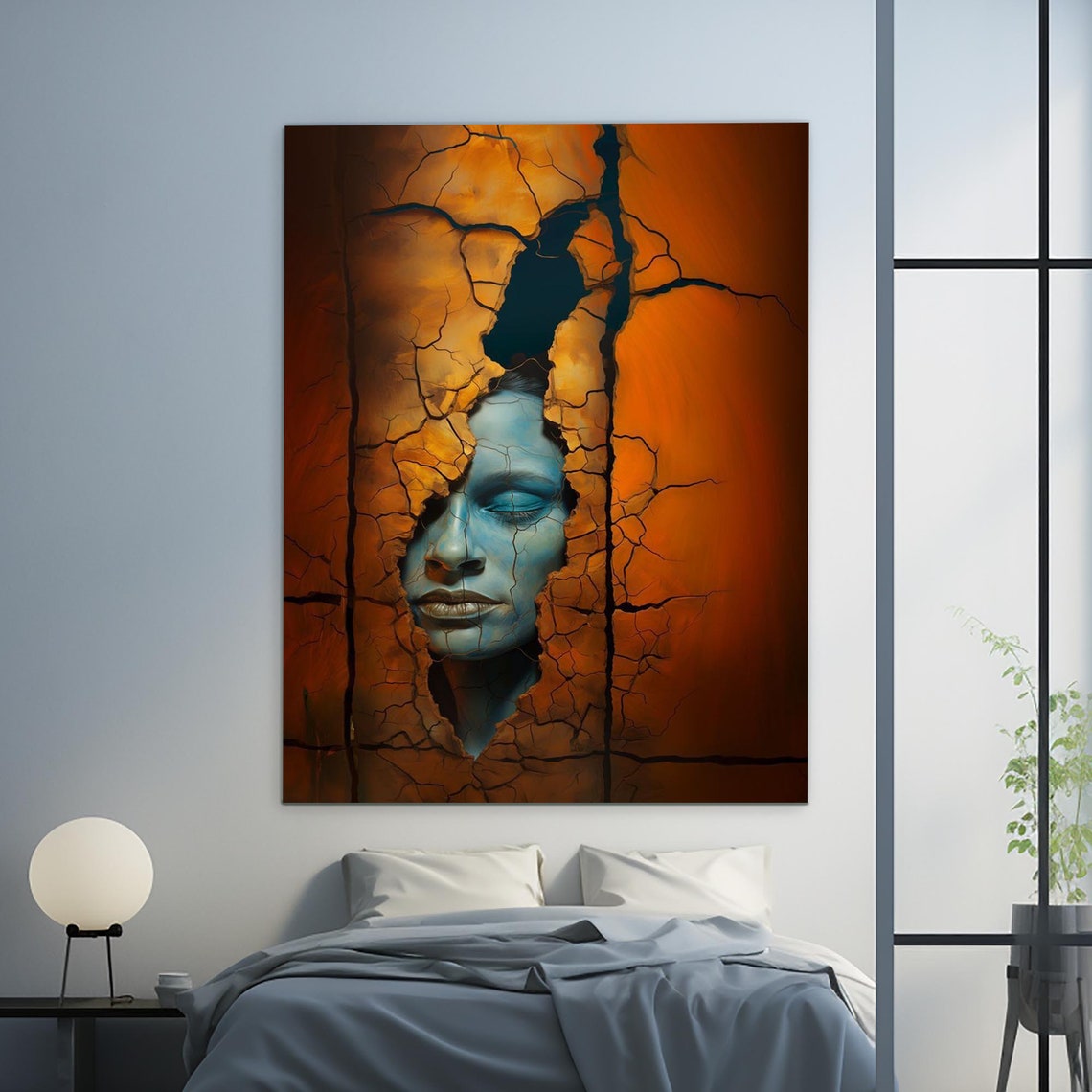 Cracked Earth Wall Revealing Blue Face Surreal Abstract Gallery Poster