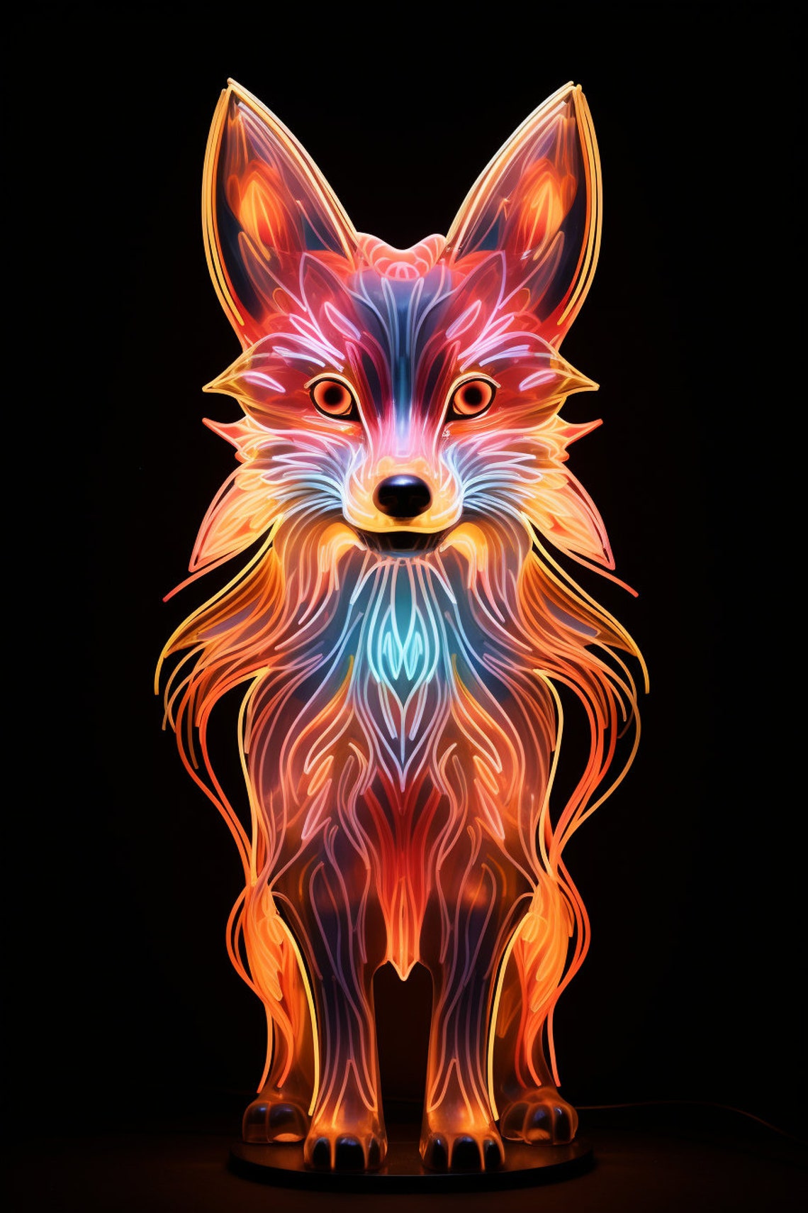 Neon Glowing Fox Black Background Fiery Orange Line Art Wall Art - Image 3