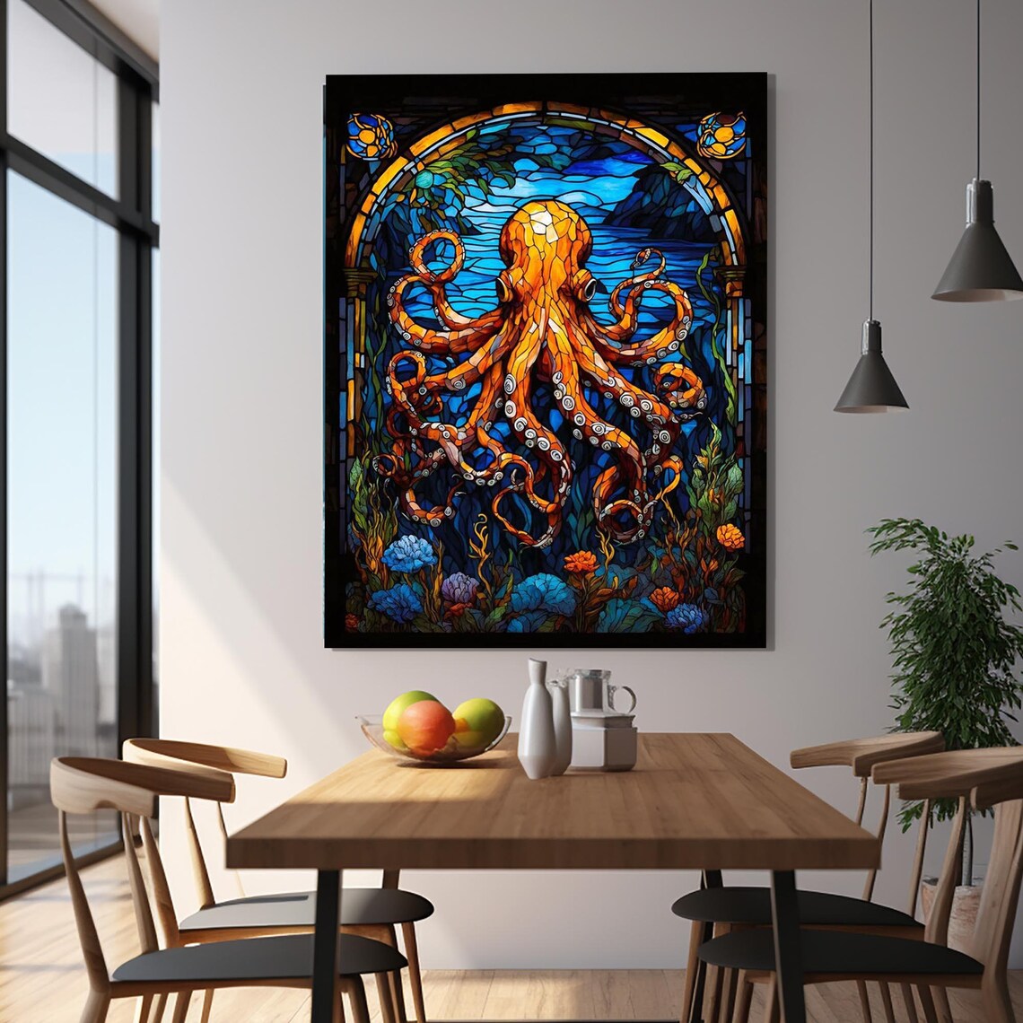 Orange Octopus Stained Glass Underwater Maximalist Gallery Poster - Image 2