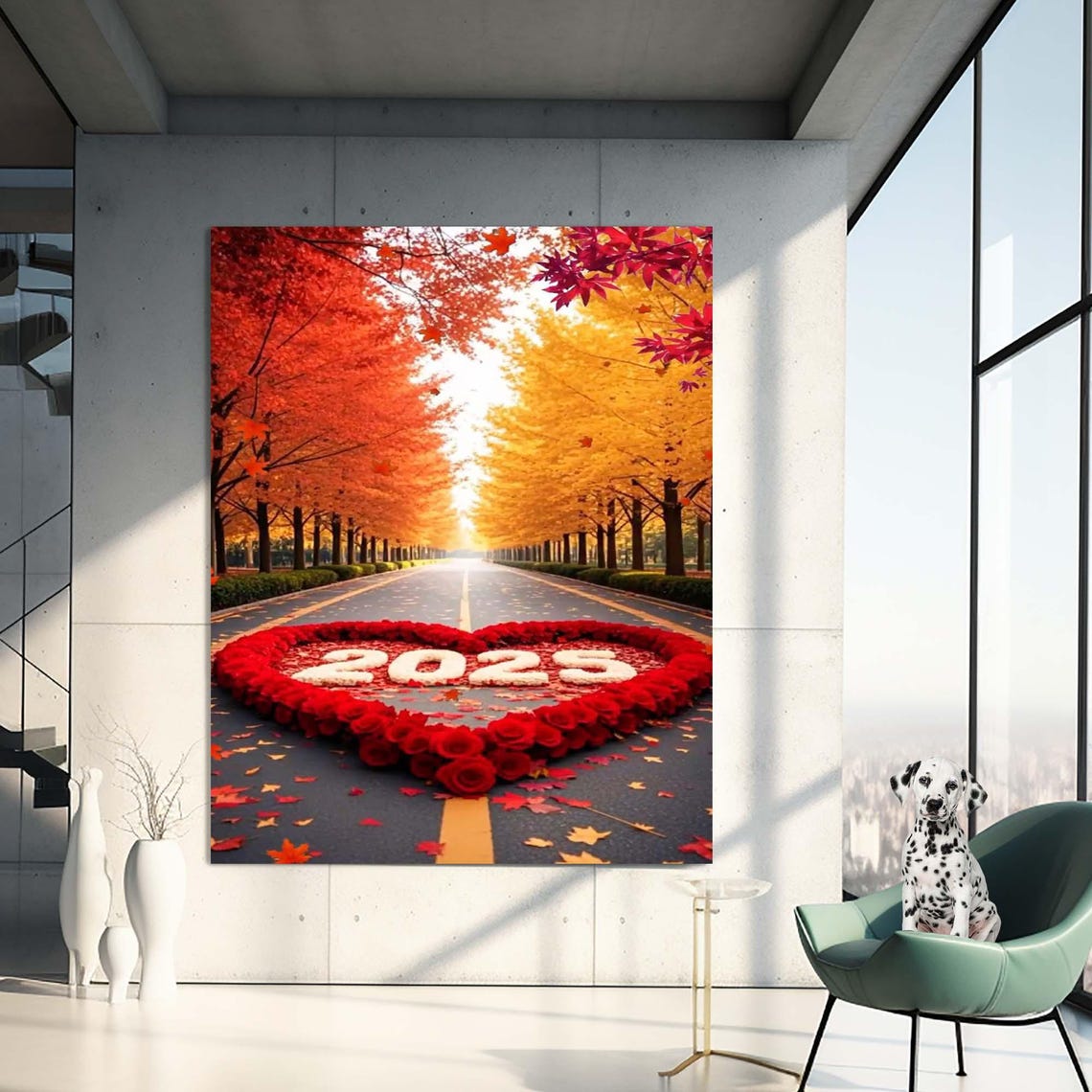 2025 Red Rose Heart Autumn Maple Tree Road Love Romantic Wall Art