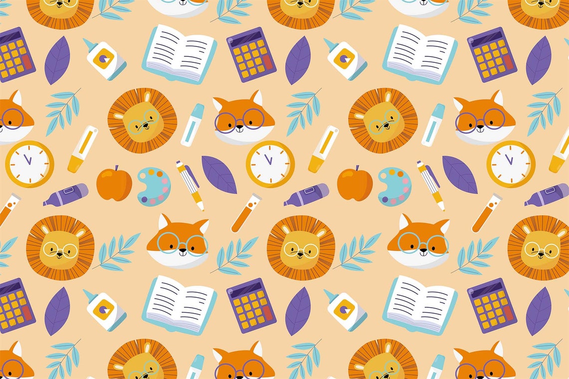 Cute Lion Fox School Kids Pattern Nursery Playful Animal Wall Art - Image 3