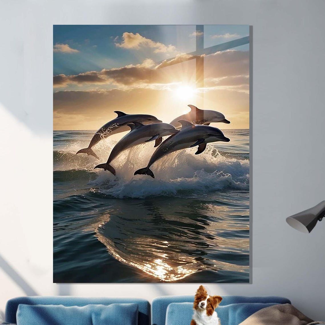 Four Dolphins Leaping Out Of Ocean Waves At Golden Sunset Wall Art