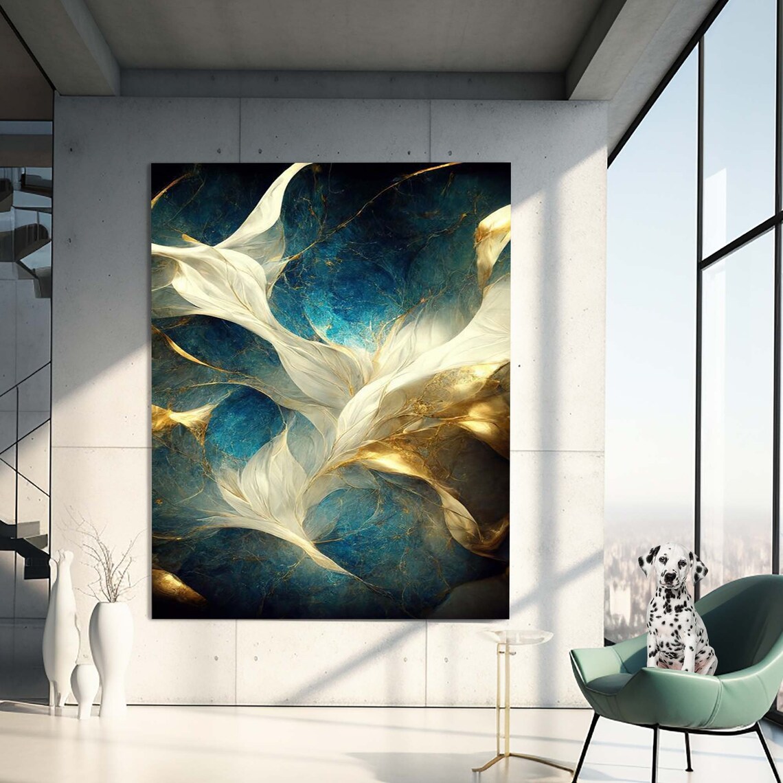 Abstract Teal Marble Gold Feather Swirls Luxury Glass Gallery Poster - Image 3