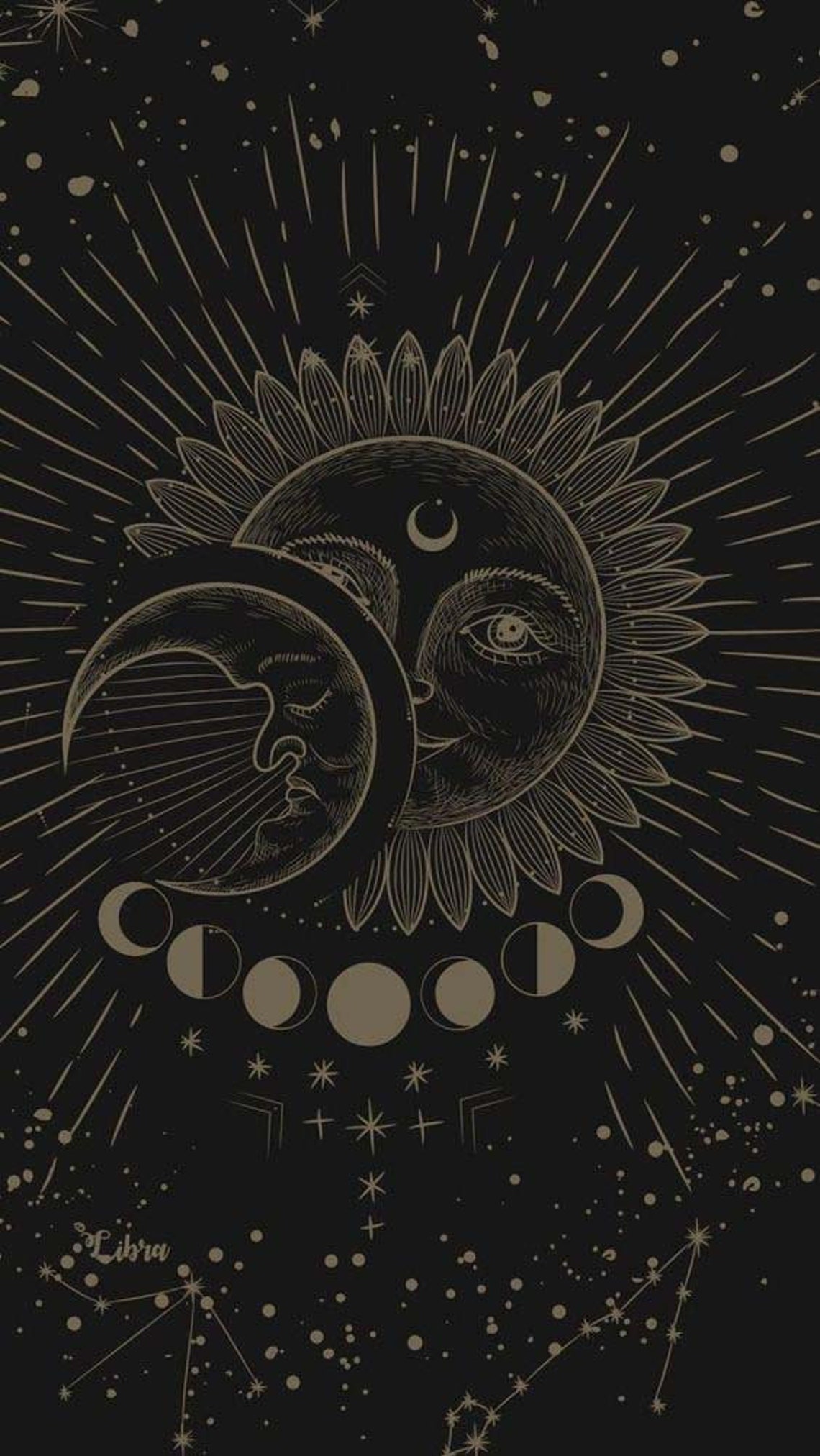 Gold Sun Moon Face Phases Celestial Black Astrology Tapestry Poster - Image 3