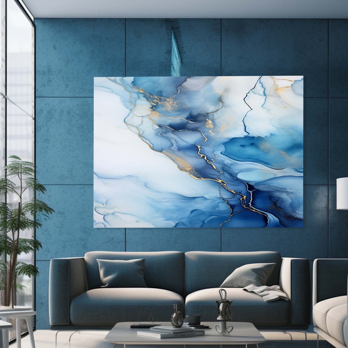Blue White and Gold Abstract Marble Fluid Ink Wall Art Poster