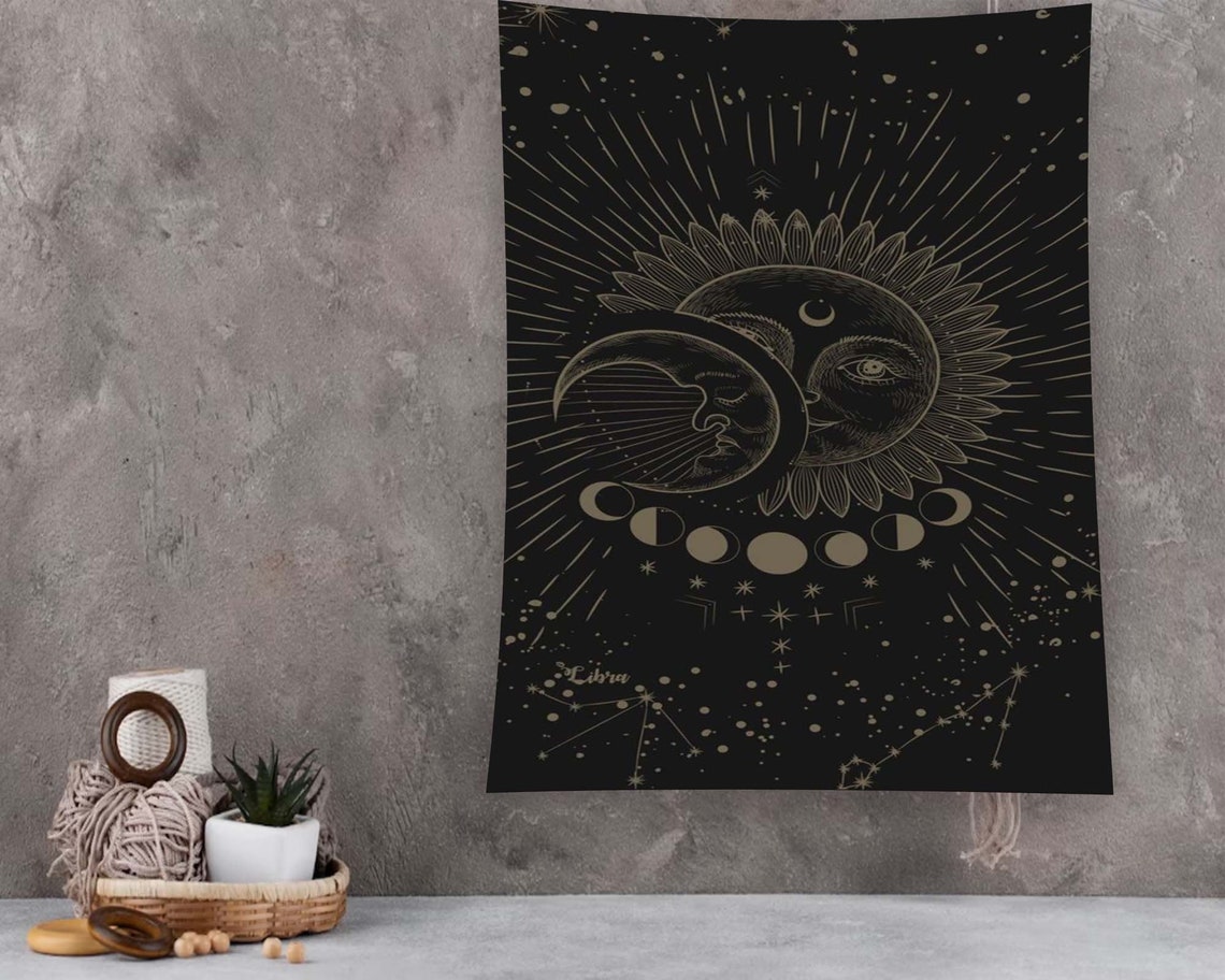 Gold Sun Moon Face Phases Celestial Black Astrology Tapestry Poster - Image 2