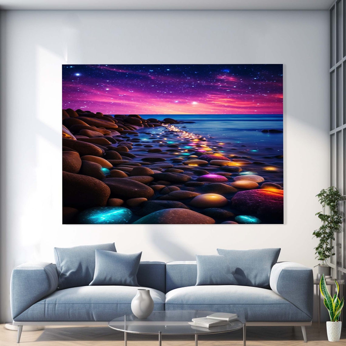 Glowing Pebble Beach Starry Night Galaxy Sky Fantasy Wall Art - Image 3