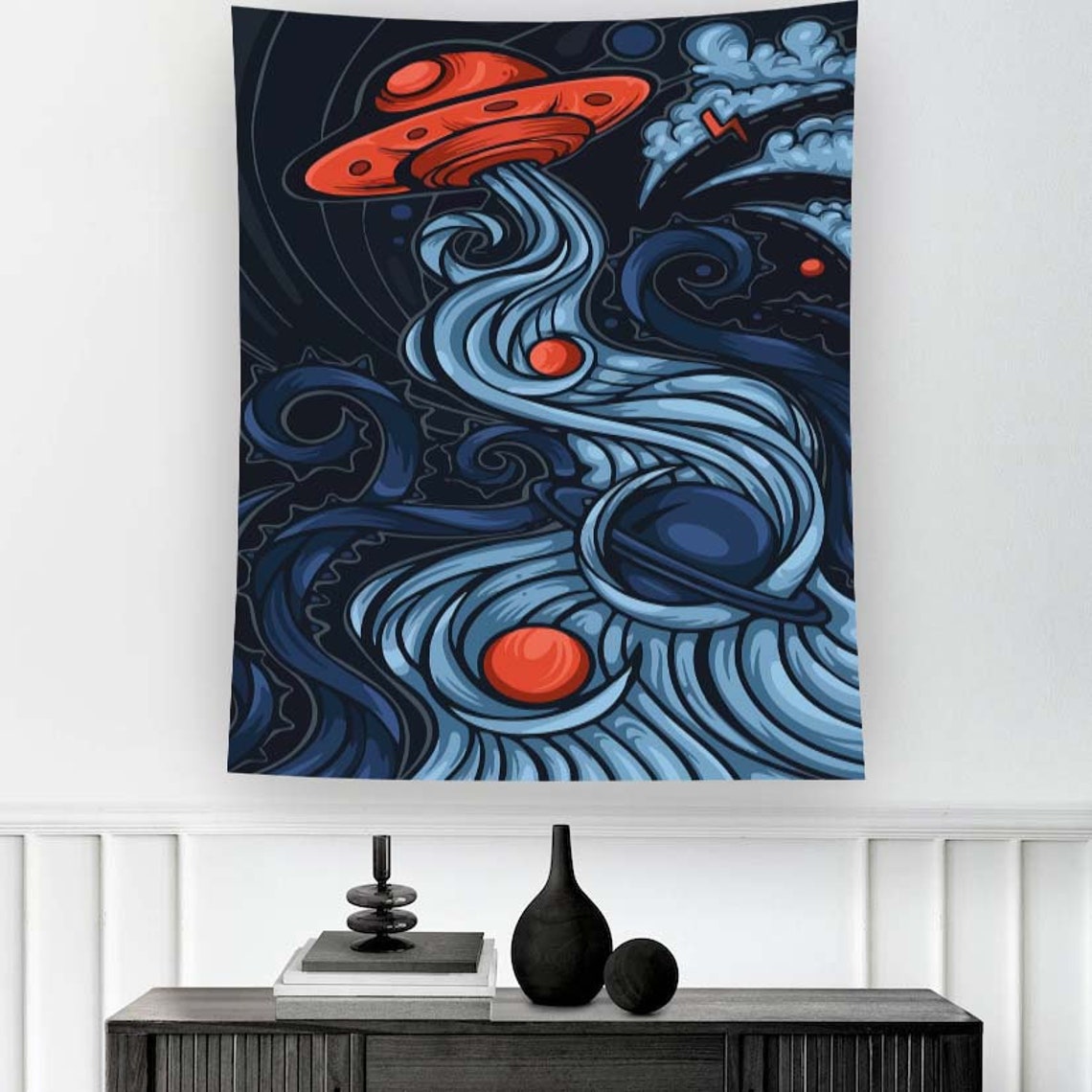 Cartoon UFO Space Planets Retro Sci Fi Psychedelic Alien Wall Art