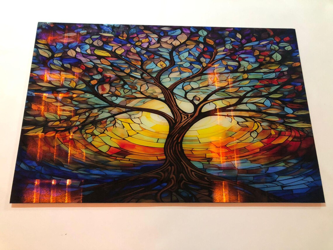 Multicolor Tree of Life Stained Glass Mosaic Sunset Wall Art - Image 2