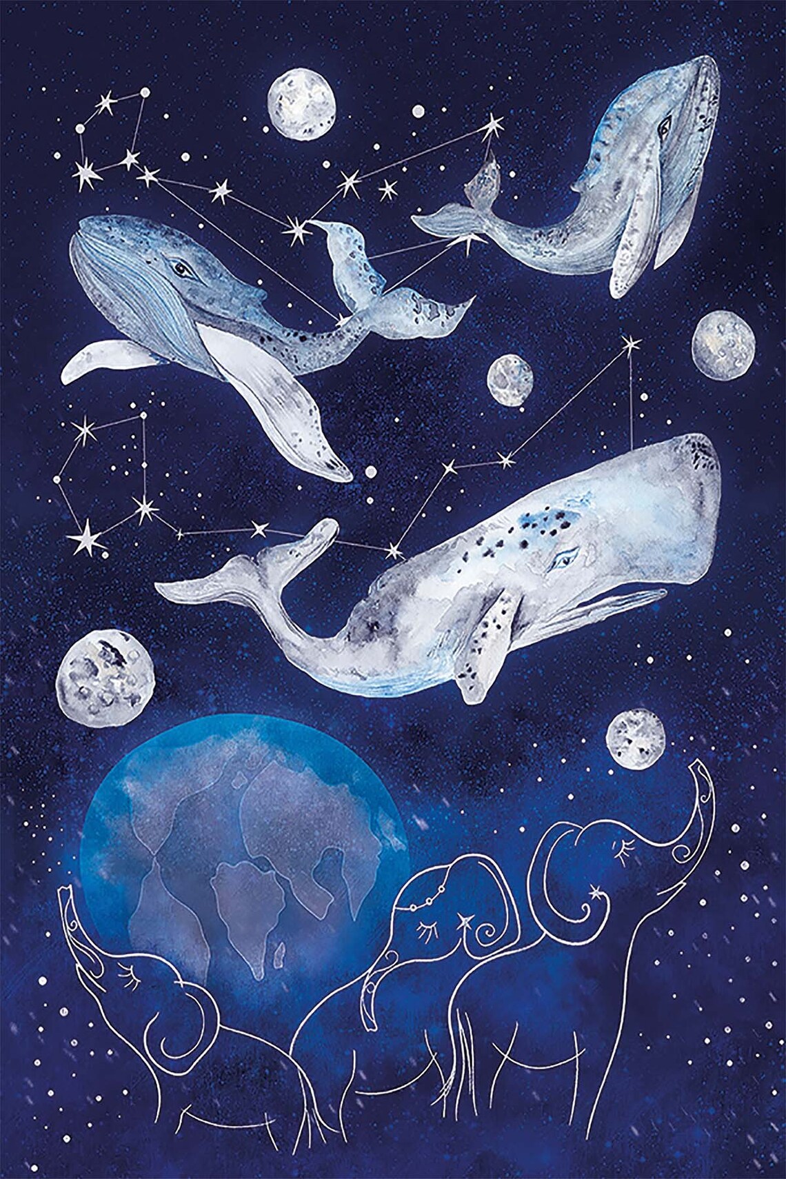 Whales Elephants Starry Night Constellation Blue Fantasy Tapestry Poster - Image 3