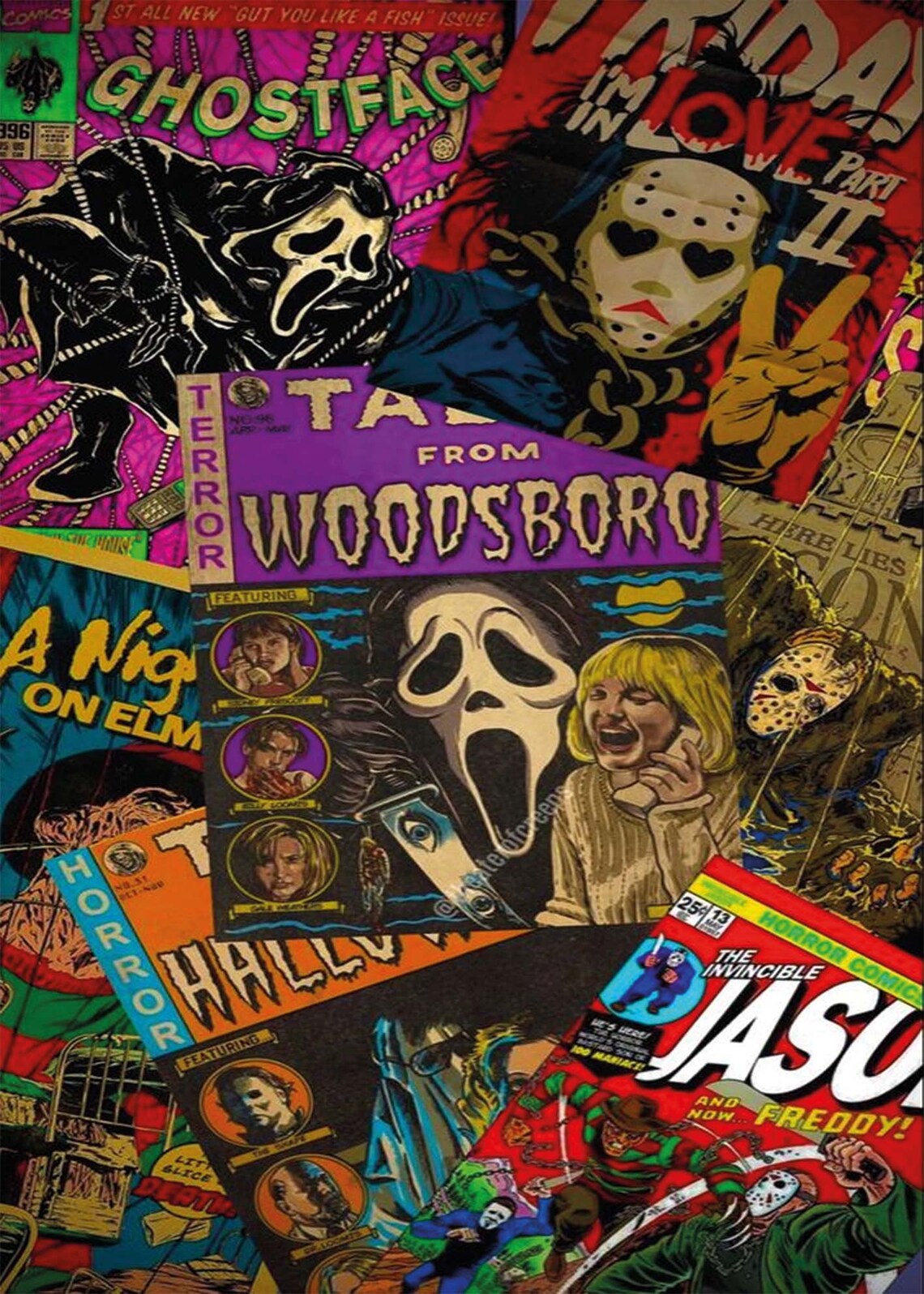 Horror Movie Villains Comic Collage Retro Pop Art Tapestry Wall Art - Image 3