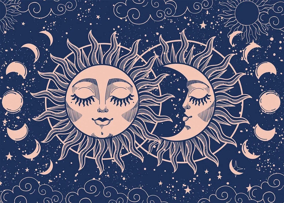 Navy Blue Sun Moon Celestial Faces Starry Night Boho Mystic Poster - Image 2
