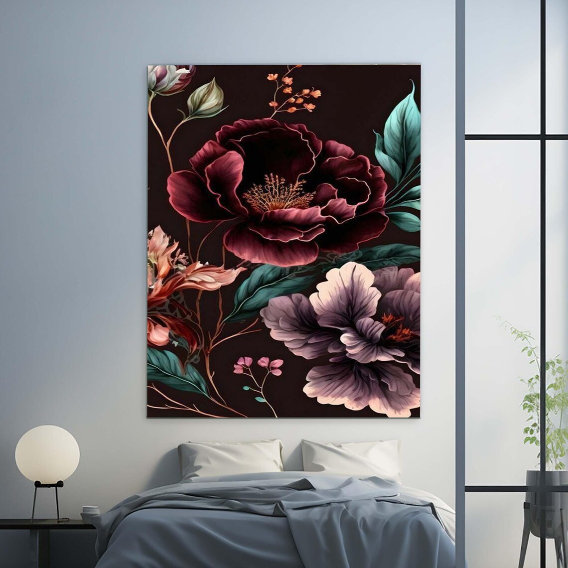 Dark Burgundy Peonies Vintage Botanical Moody Floral Gallery Poster - Image 2