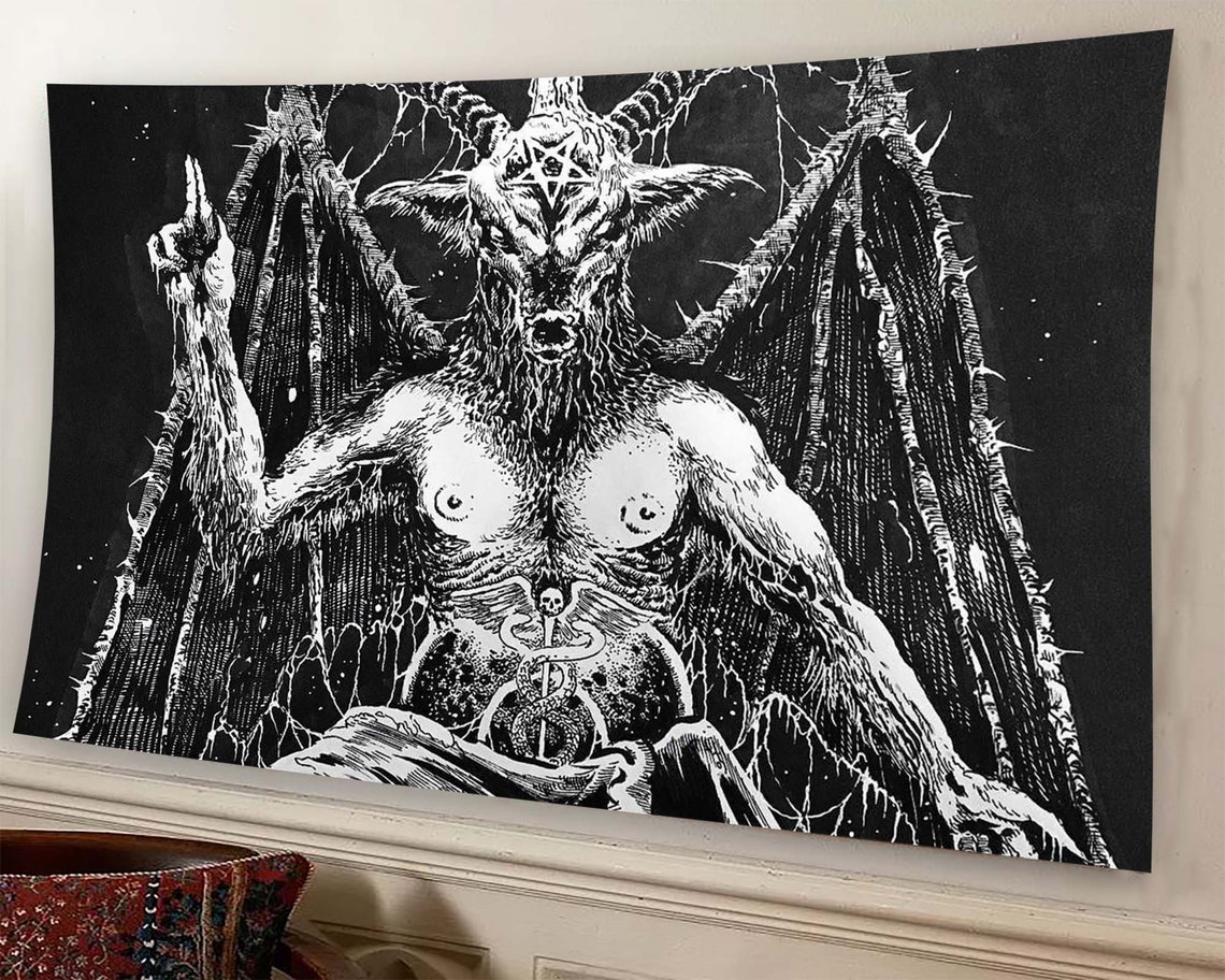 Black White Baphomet Goat Demon Wings Occult Art Tapestry Wall Art