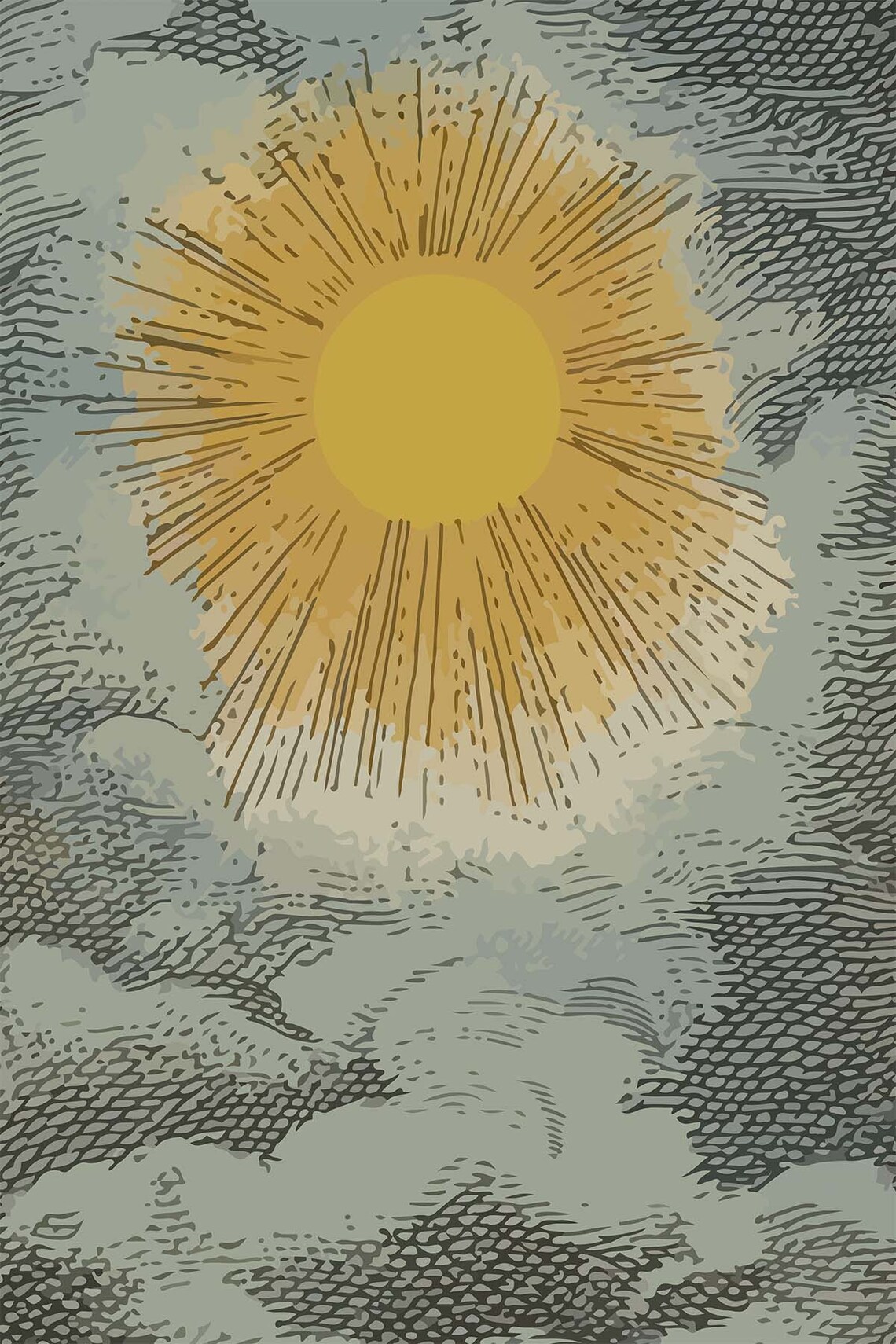 Vintage Engraved Yellow Sun Clouds Antique Sky Tapestry Wall Art - Image 3