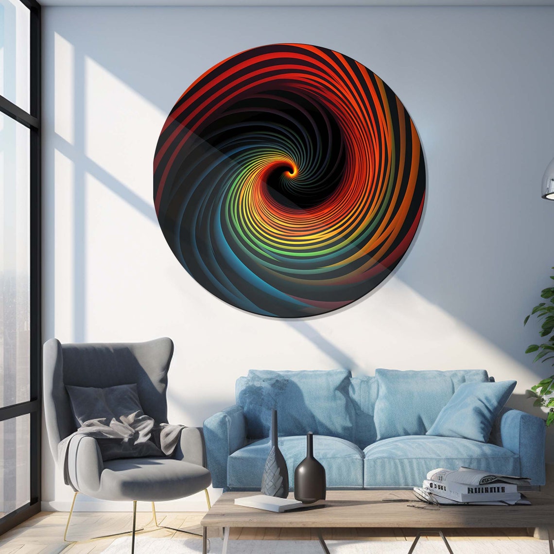 Rainbow Spiral Vortex Swirl on Dark Background Round Wall Art - Image 3