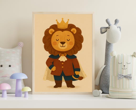King Lion Wall Art Nursery Decor Royal Animal Illustration For Kids Hobby Series