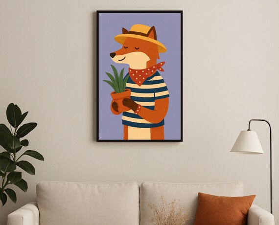 Gardener Fox Holding Potted Plant Plant Lover Nursery Decor Poster