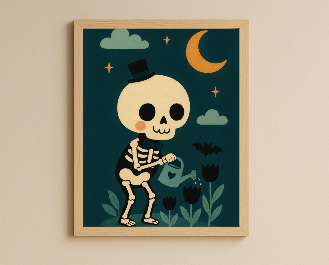 Cute Skeleton Print Spooky Halloween Wall Art Nursery Decor Instant