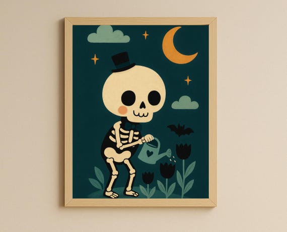 Cute Skeleton Print Spooky Halloween Wall Art Nursery Decor Instant