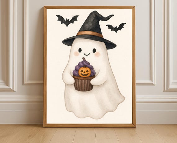 Witch Cupcake Halloween Wall Art Cute With Hat And Bats Kids Room Decor