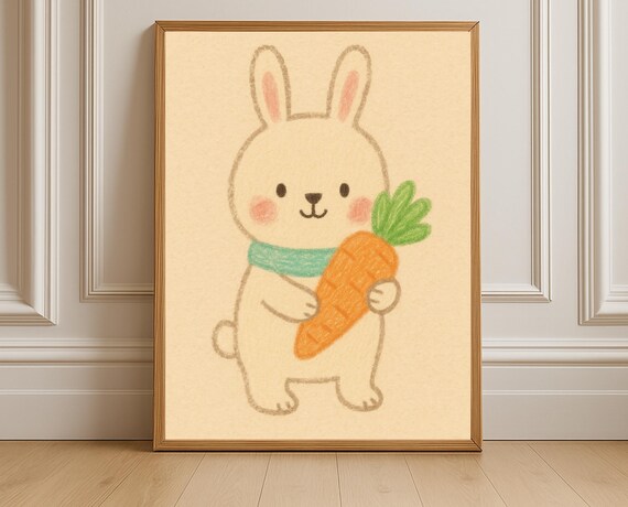 Cute Pastel Bunny Holding a Carrot Crayon Style Nursery Wall Art