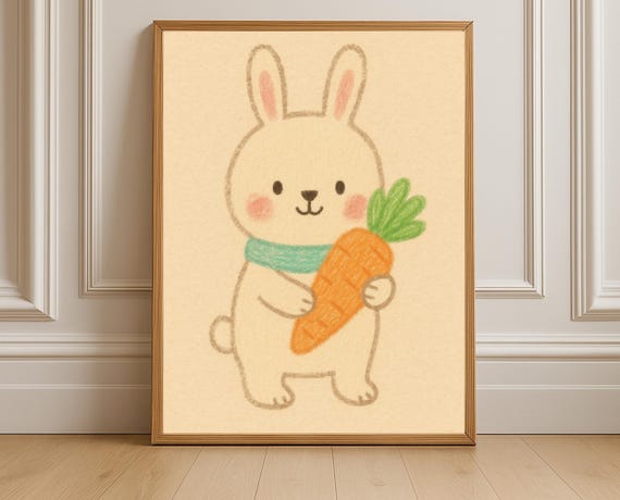 Kawaii Bunny With Carrot Nursery Print Rabbit Wall Art Pastel Kids Room Decor Instant