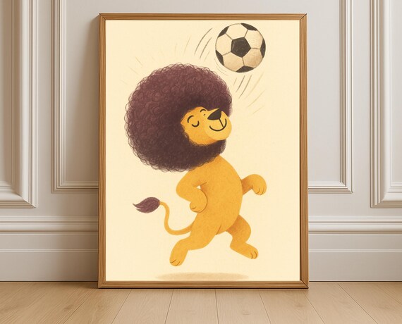 Playful Lion Heading Soccer Ball Cartoon Kids Nursery Room Poster